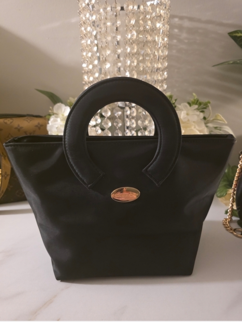 Dior Black Tote with Circular Top Handles and Gold Plaque
